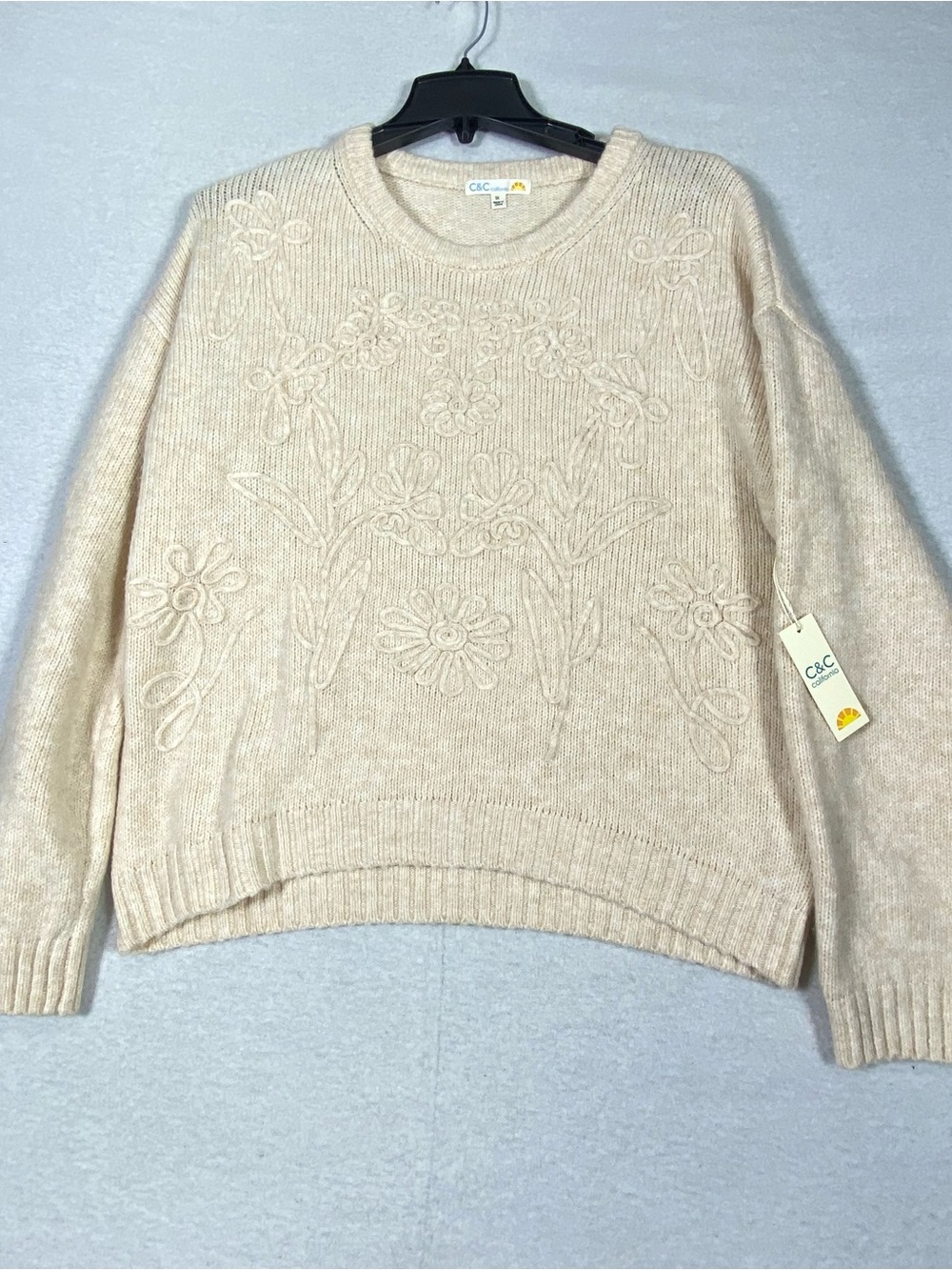 C&C California Floral Embroidered Knit Sweater Women's 1X Cream Pullover NWT